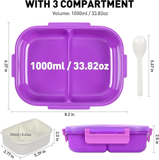Bento Box with Removable Compartments for Adults & Kids - 1000ml Leak Proof Lunch Box with Utensils, BPA-Free, Microwave & Dishwasher Safe, Portable(Purple)
