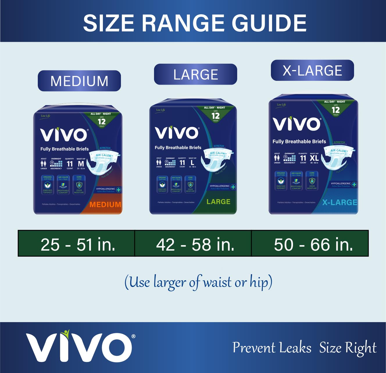 VIVO Organic Cotton Overnight Sensitive Skin Adult Incontinence Diaper Briefs with Tabs, Medium 22 Count