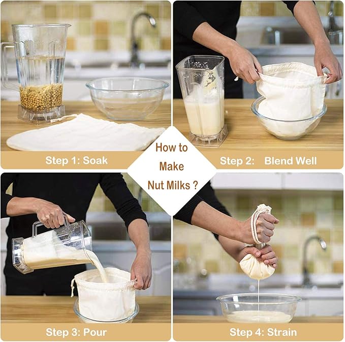 6 PCS 12"x12" Nut Milk Bags - 100% Unbleached Cotton Cheesecloth, Reusable Food Strainer Colander For Straining Almond/Oat Milk, Celery Juice, Cold Brew Coffee, Yogurt and Cheese Making