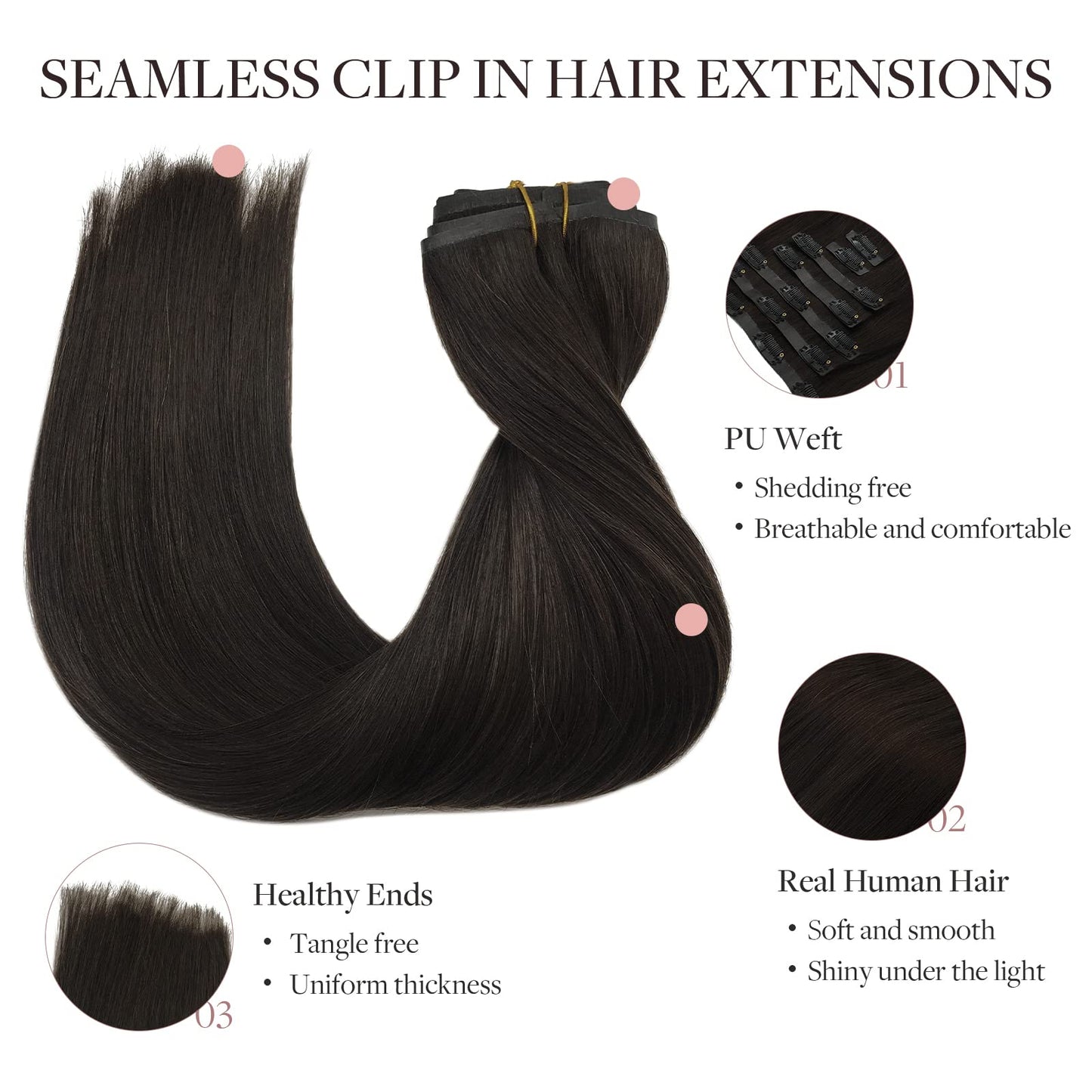 MAXITA Remy Human Hair Seamless Clip in Extensions, 22 Inch 7PCS Dark Brown,15Og Thick Invisible Natural Straight Hair Extension