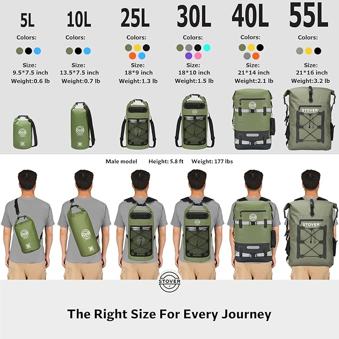 STOVER 5/10/25/30/40/55L Waterproof Dry Backpack- Medium Floating Dry Bag for Kayaking, Travel, Tubing, Hiking, Fishing, Camping, Motorcycles & Beach, Heavy-Duty Roll Top Men/Women (Black)