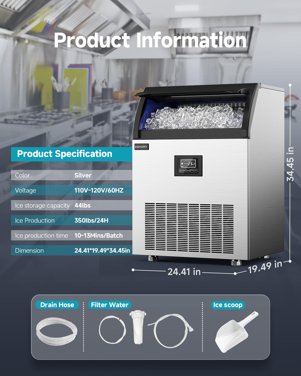 EUHOMY Commercial Ice Maker,350lbs/24H,Stainless Steel Under Counter Ice Machine with Water Filter,40lbs Storage Capacity, 126 Cubes in 8-12 Mins, Freestanding Ice Machine for Home/Bar/Cafe/Restaurant