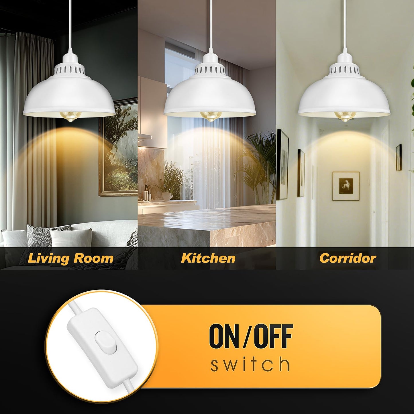 SoodMi Plug in Pendant Light, Industrial Metal Hanging Lamp, 15FT Cord with Switch, Big White, Model PLDG-0015