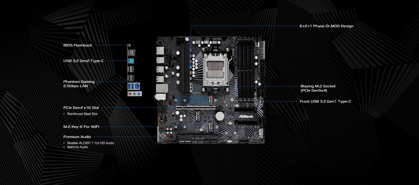 Asrock B650M Pg Lightning Amd Socket Am5 Ryzen9000/8000/7000 Series Processors Ddr5 7200+ Mhz (Oc) Hdmi Displayport B650 Micro A