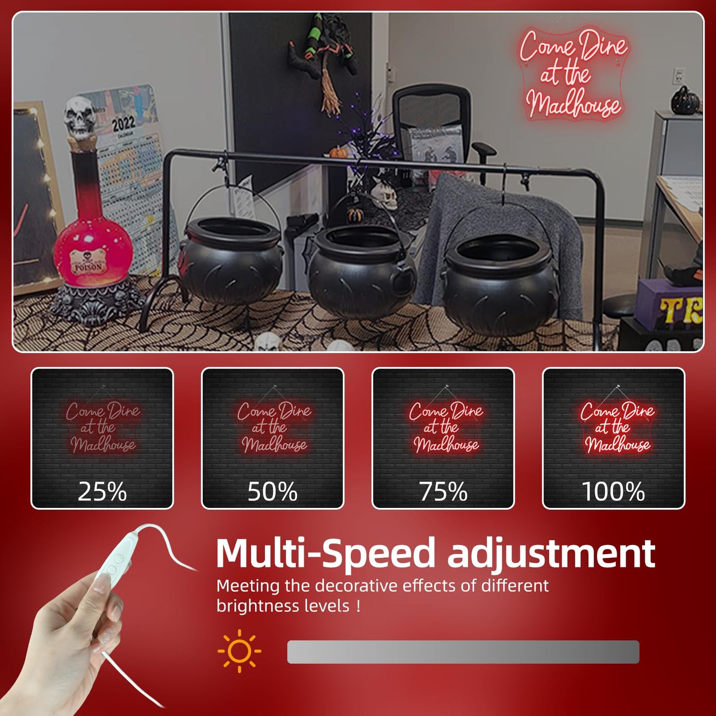 Faxfsign Come Dine At The Madhouse Neon Sign Restaurant Neon Signs For Wall Decor Red Led Night Light For Home Bar Gothic Halloween Horror Party Club Man Cave Decoration
