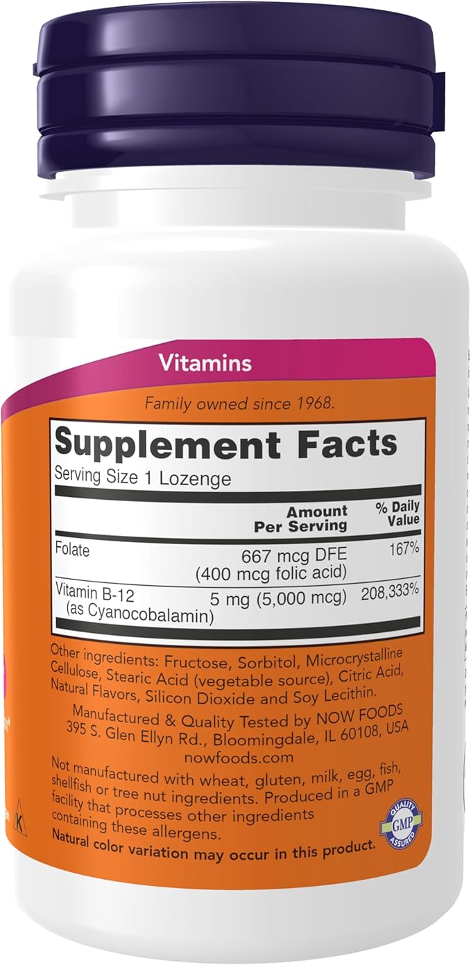 NOW Supplements, Vitamin B-12 5,000 mcg, with Folic Acid, Nervous System Health*, 60 Lozenges (Pack of 2)