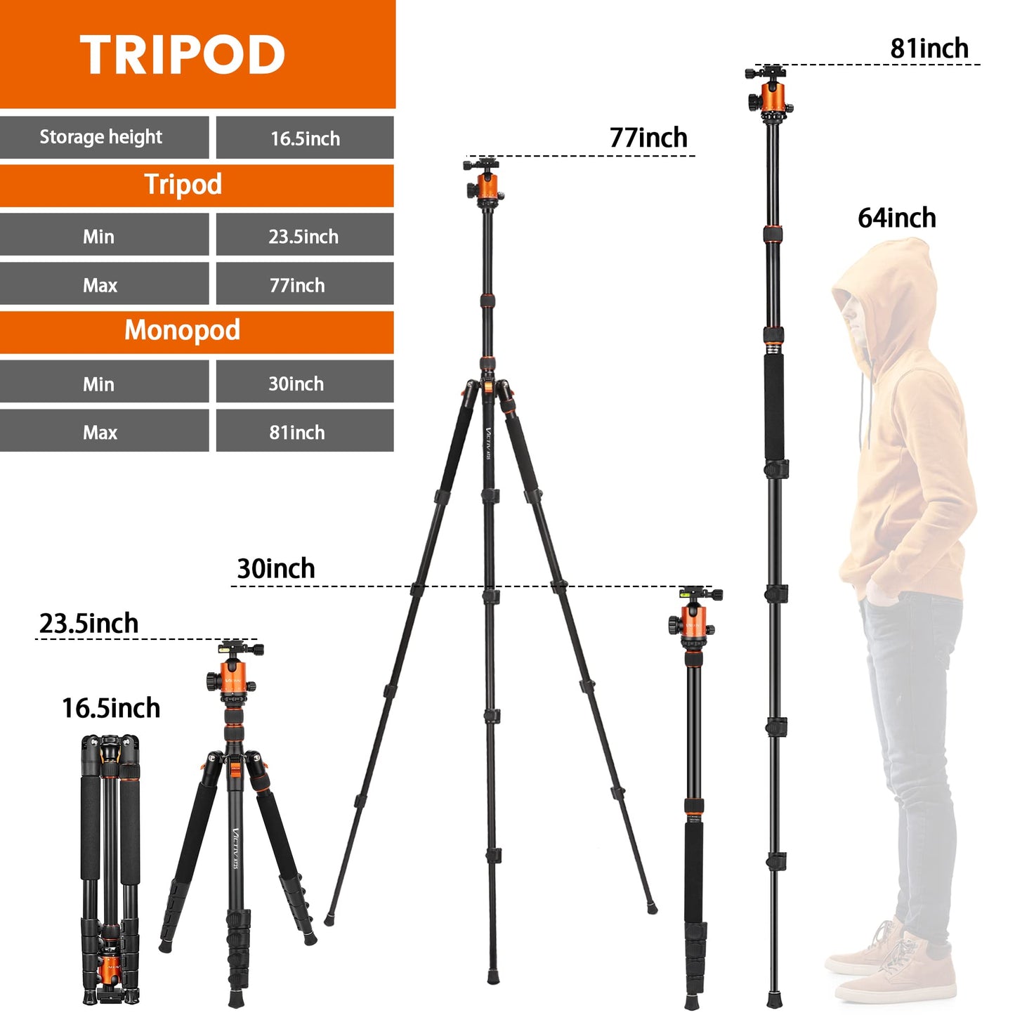 82" Tall Camera Tripod Heavy Duty, Victiv Aluminum DSLR Tripod Monopod for Photography Travel, Professional Camera Stand for Spotting Scope Telescope Binocular