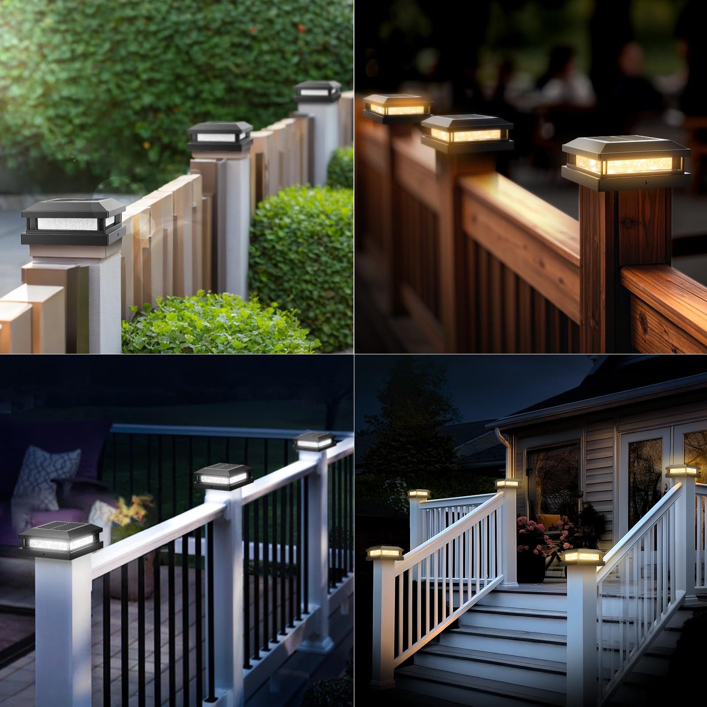Solar Light Outdoor 4 Packs  Waterproof Solar Powered Post Cap Light For 4X4 4.5X4.5 5X5 Vinyl/Wooden Post With Warm/Cool Lighting  Black 16Leds Deck Cap Lights For Outside  Garden  Patio  Porch