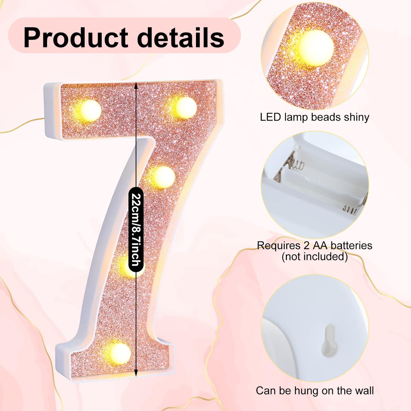 Treela 8.7 Birthday Decorative Led Light Up Numbers  Glitter Marquee Number Sign For Night Birthday Party Decorations Anniversary Bar Led Sign Backdrop Wall Table Centerpieces(Number 7 Rose Gold)