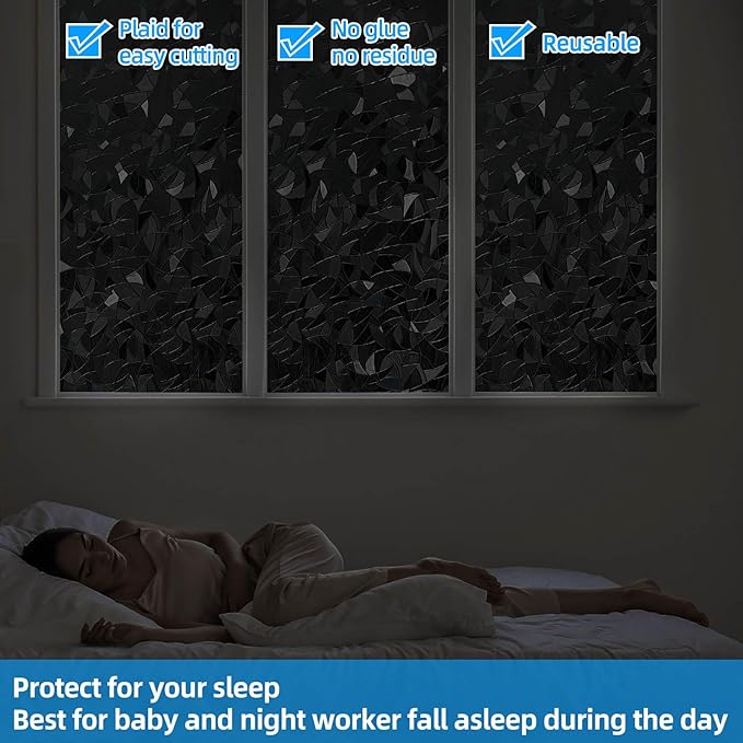 Blackout Window Film，Sun Blocking Window Privacy Cover for Glass Removable Darkening Dark Black Out Window Cover Tint Shades for Home Day Sleep Light Blocker（ Black Rainbow 17.5 x 157.4 in）