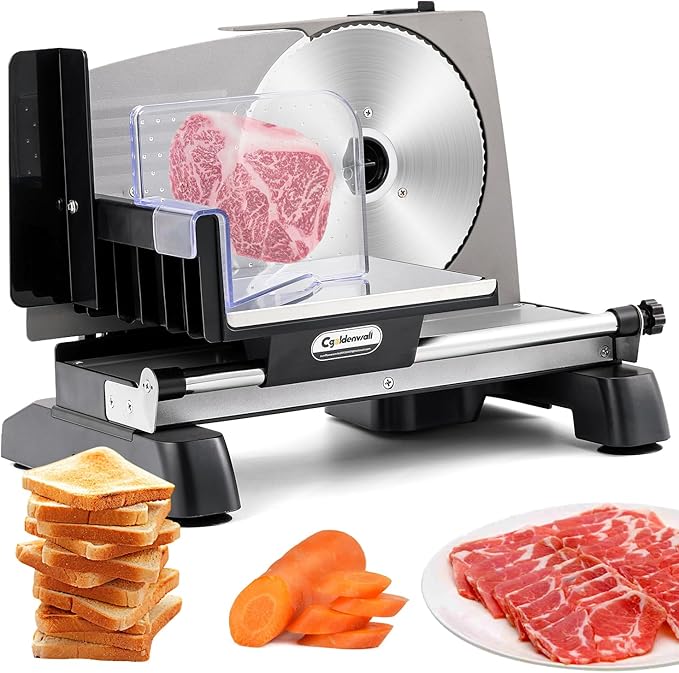 CGOLDENWALL Meat Slicer Electric Food Slicer with 2 Stainless Steel Blades, 0-18mm Adjustable Thickness, Frozen Meat/Cheese Slicer for BBQ Hot Pot Shabu, Child Lock Protection, 200W 110V
