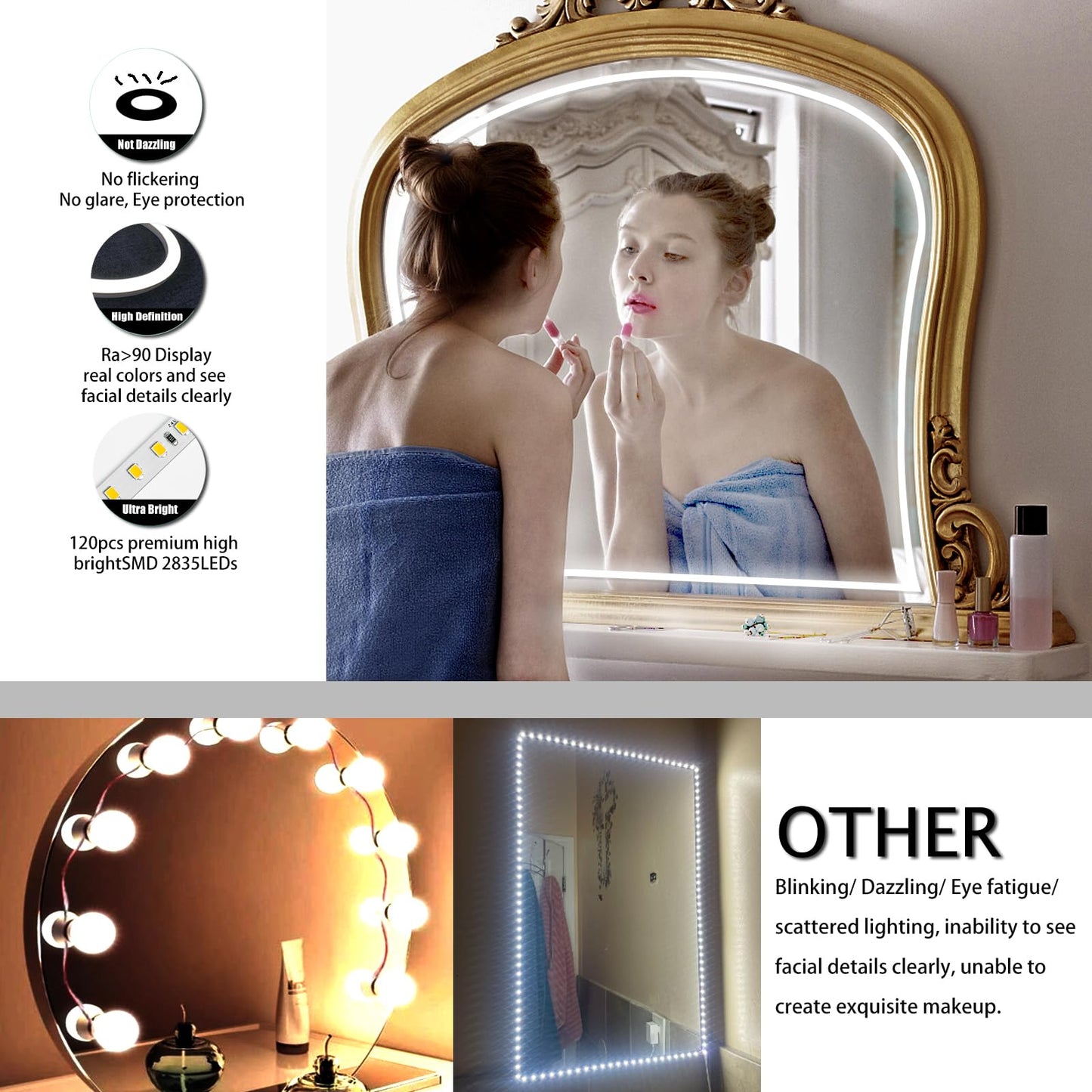 Blikshin Led Vanity Mirror Lights  Hollywood Style Makeup Lighting  6.6Ft/6000K/Dimmable/12V Adapter/Self-Adhesive Strip Lights For Mirror  Lighting For Makeup Table & Bathroom