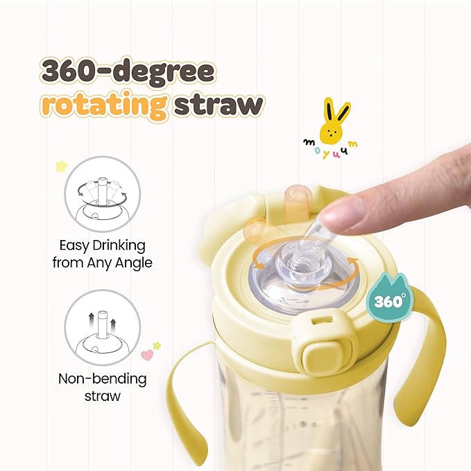 MOYUUM Leak Proof Sippy Cup with Handle | Made in Korea, 100% BPA Free PPSU, Magic No Spill Straw Cup with Attached Flip Top Lid, Easy to Hold for Babies and Toddlers, 9oz Yellow