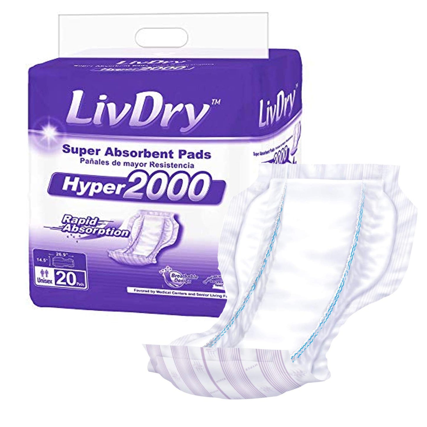 LivDry High Absorbency Pad Insert for Incontinence Briefs and Adult Diapers, Women and Men, Hyper 2000 (20 Count)