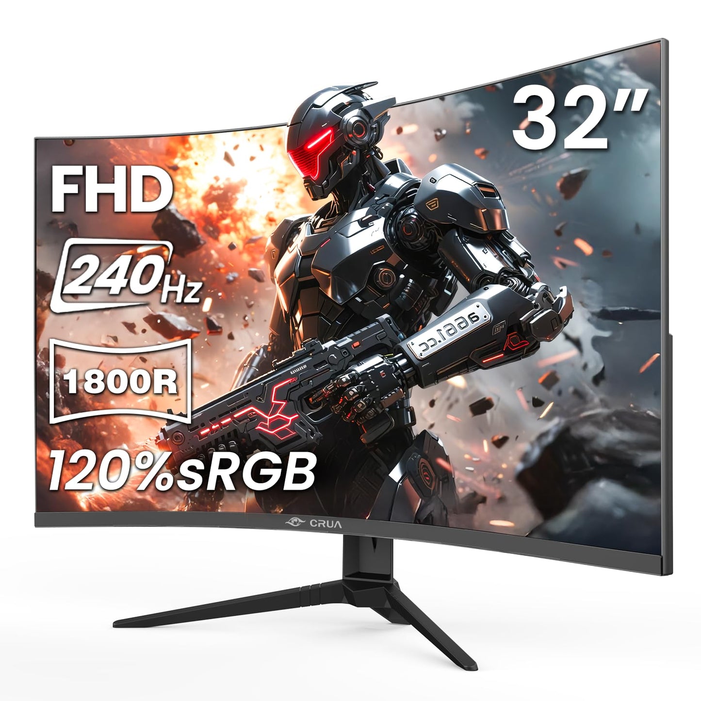 CRUA 32" Curved Gaming Monitor, 240Hz Full HD 1920×1080P VA Panel, 1800R Ultra-Wide Screen, 120% sRGB Color, AMD FreeSync, Low Blue Light, HDMI 2.0 & DP 1.4 Ports, Wall Mountable Installs-Black