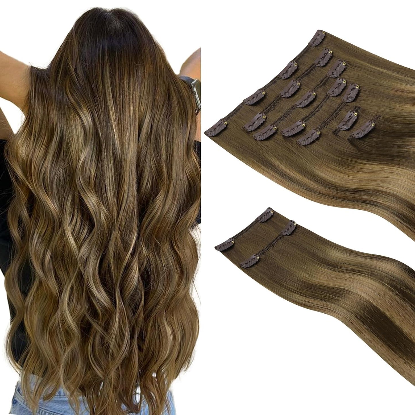 HOTBANANA Clip in Hair Extensions Real Human Hair, 135g 9pcs 16 inch Balayage Chocolate Brown to Caramel Blonde Straight Remy Cl