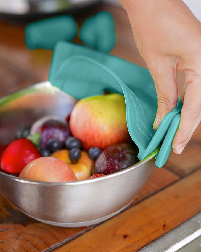 Clip On Kitchen Food Strainer for Spaghetti, Meat, Pasta, & Ground Beef Grease, Colander & Sieve Snaps or Clips Onto Bowls, Pots & Pans Includes Silicone Drainer, Brush & Garlic Peeler (Aqua)