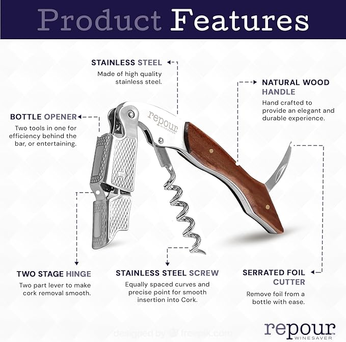 Repour Wine Essentials Combo Pack – Premium Corkscrew & Wine Saver | Manual Wine Key Removes Corks Easily, Wine Stopper Preserves Wine Easily|Perfect for Wine Lovers and Enthusiasts (Rosewood 4 Pack)