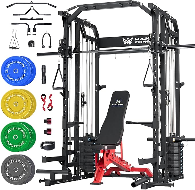 Major Fitness Drone2 Advanced Training Smith Machines– All-in-One Home Gym Squat Rack with Aluminum Pulley Set , Weight Ba...