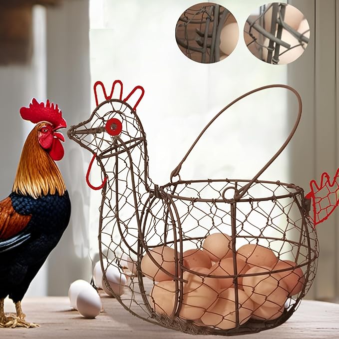 TAIANLE. Chicken Wire Egg Basket for Gathering Fresh Eggs Collecting Basket with Handle, Vintage Rooster Chicken Shaped Fruit Bowl for Home Farm Decor Organizer for Kitchen Countertop