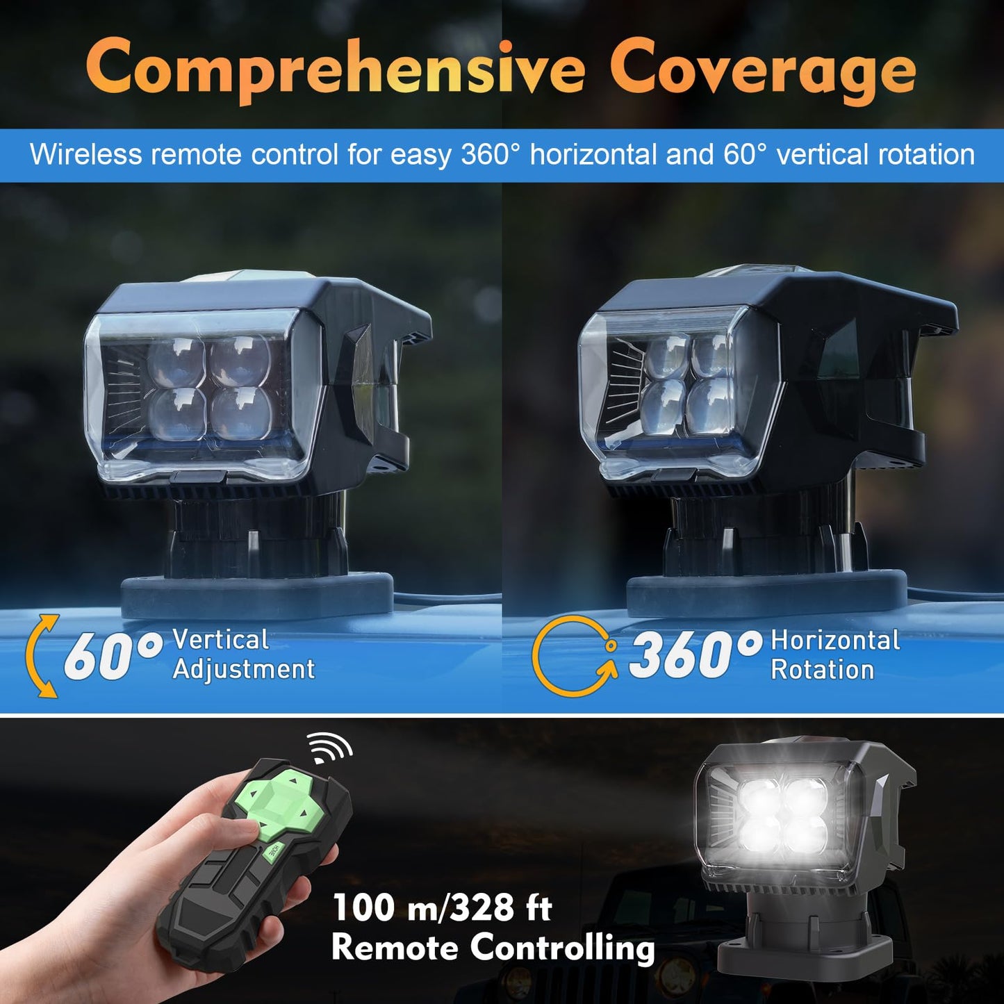 Remote Control Led Spotlight  50W Outdoor Searchlight 360Rotating Automatic Led Spotlight For Truck Boat With 5 Strong Magnets  Waterproof Go Outdoor Spot Lights For 12V/24V