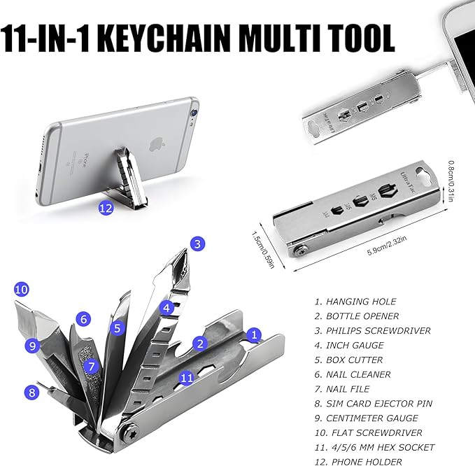 UltraTac Military Grade Multitool Gift Set for Men, Compact Survival Kit for Car Emergency, Christmas or Birthday Gift for Man, Pocket EDC Tools for Camping, Hiking & Quick Fixes - Stainless Steel