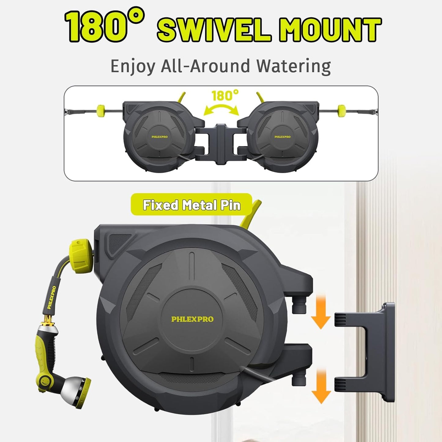Retractable Garden Hose Reel 160Ft Extra Long, PHLEX PRO Heavy Duty Automatic Water Hose Reel Wall Mounted with 10 Pattern Nozzle, Any Length Lock, Slow Return System, 180°Swivel Bracket