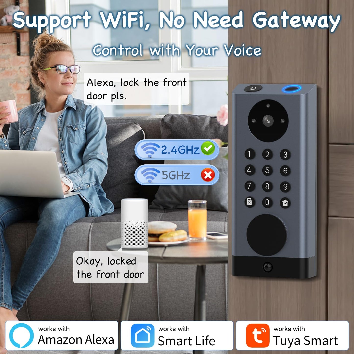 Pothunder Smart Lock with Camera, Keyless Entry Door Lock Deadbolt with WiFi Video Doorbell, Fingerprint Electronic Keypad Code Door Lock for Front Door with App Remote Control, PIR Motion Detection