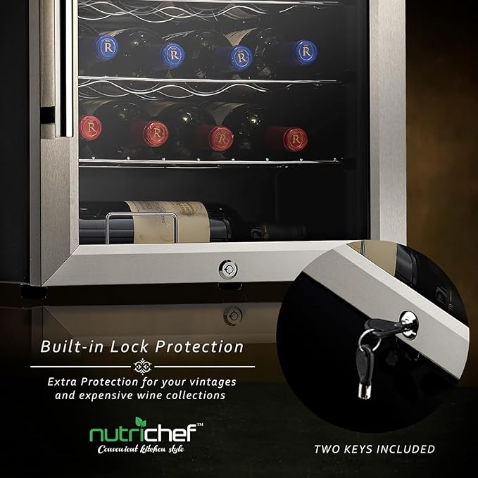 Nutrichef 28 Bottle Wine Fridge - Dual Zone Wine Chiller, Adjustable Temperature 41°F to 64°F, Ultra Quiet Operation, Free Standing Wine Cooler For Home, & Office, 33 x 11 x 26 IN (Black)