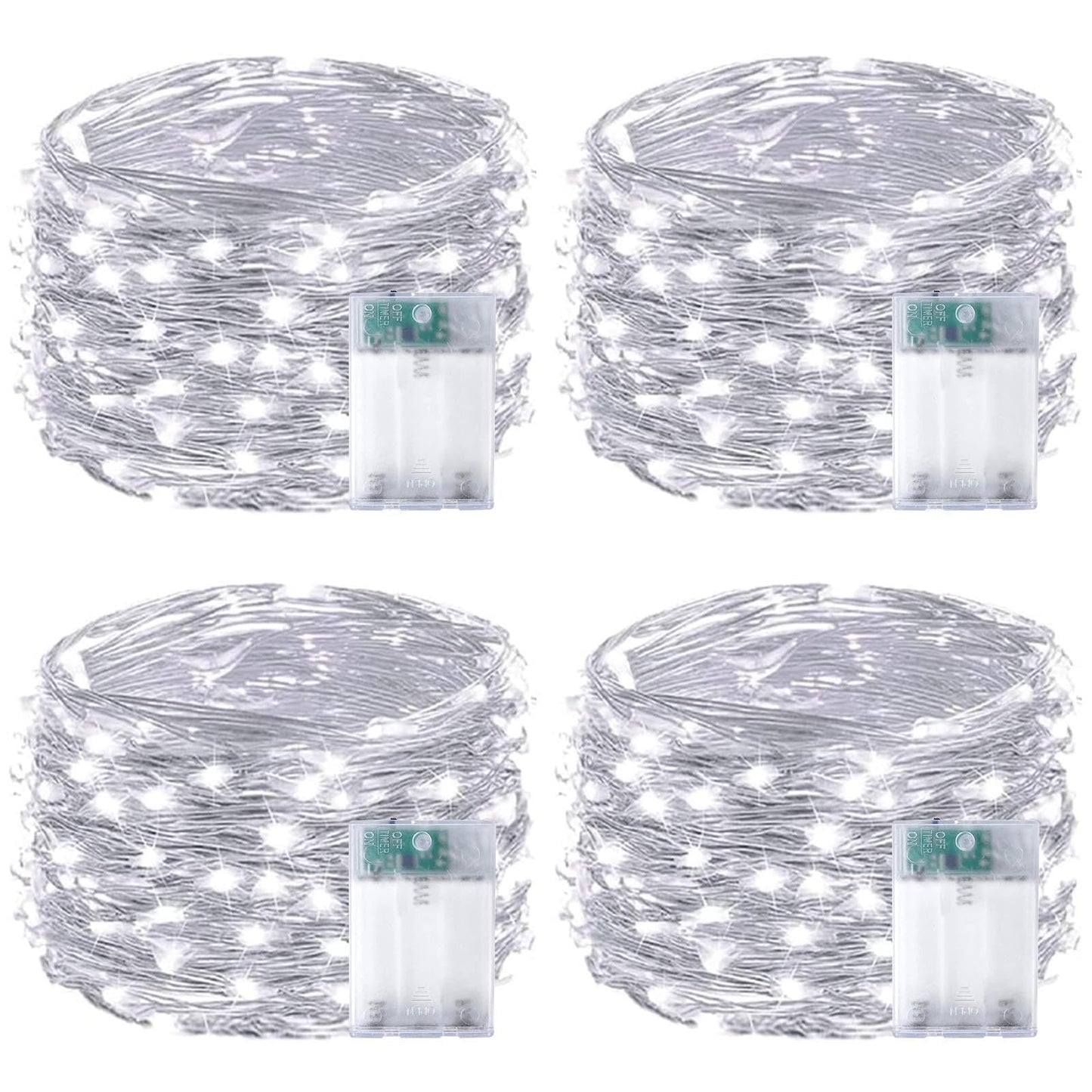 EXF 4-Pack Fairy Lights, 50 LED, Waterproof, Battery Operated with Timer, 16FT, Cool White, Model YHY-BO50LED