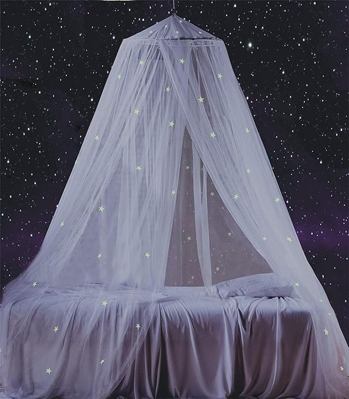 South to East Bed Canopy with Fluorescent Stars Glow in Dark for Kids, Girls Or Adults, Starry Night Bed Canopy Fit Kid Beds, Girls Beds, Twin Or Full Size Beds, Fire Retardant Fabric