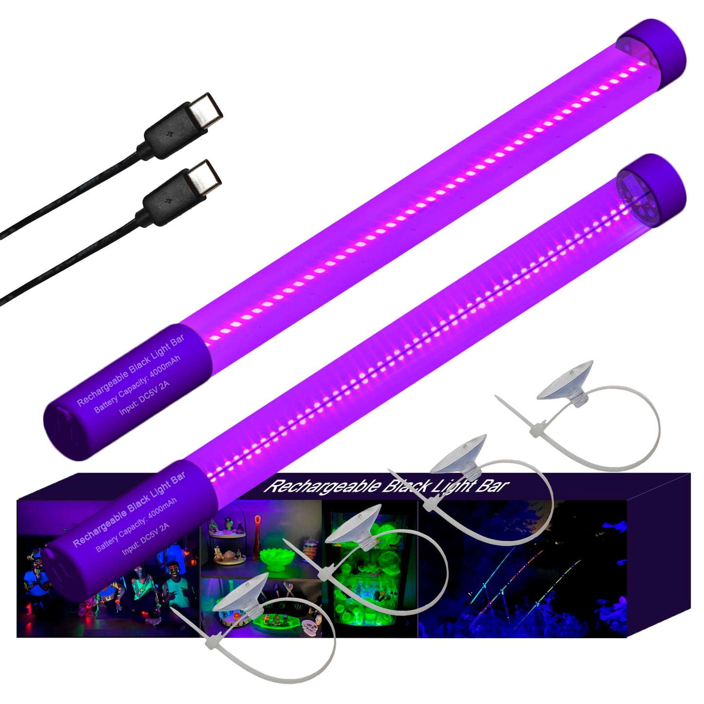 TITO Rechargeable Black Light Bar, UVA 395nm, Waterproof, Portable, 2 Pack, Fluorescent, Model TITO-BL-T10R
