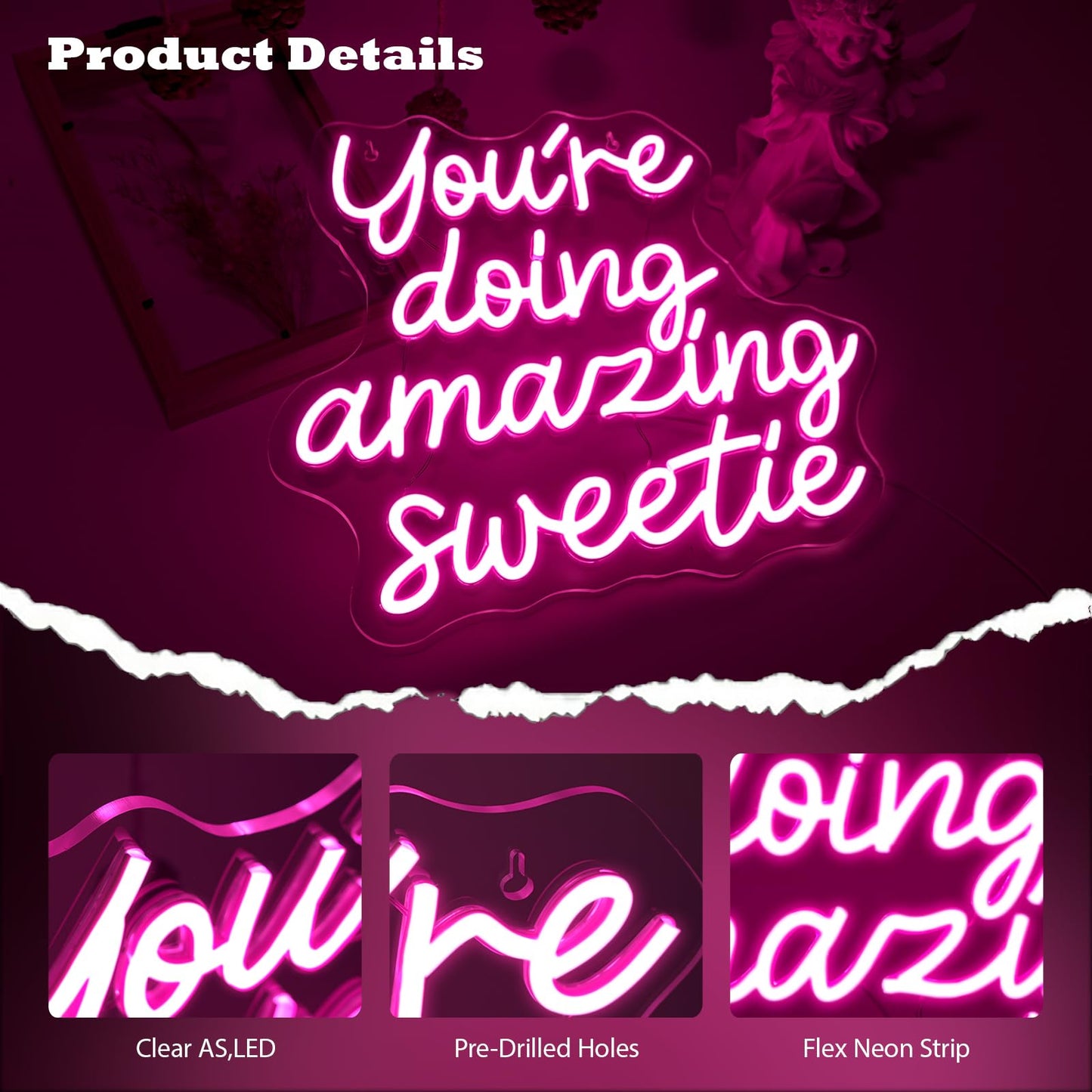 YouRe Doing Amazing Sweetie Neon Sign Pink Dimmable Led Neon Lights For Wall Decor Usb Powered Light Up Signs For Girls Bedroom Party Salon Best Gifts For Birthday Christmas