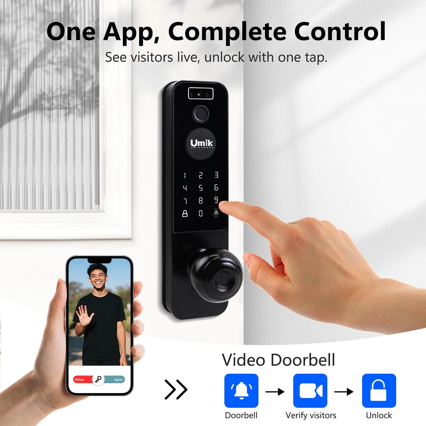 UMIK UMIKSMART 3D Face Recognition Smart Door Lock, Video Smart Lock with Camera&Doorbell, 6-in-1 Keyless Entry Door Lock for Front Door, APP Remote Control (Black)