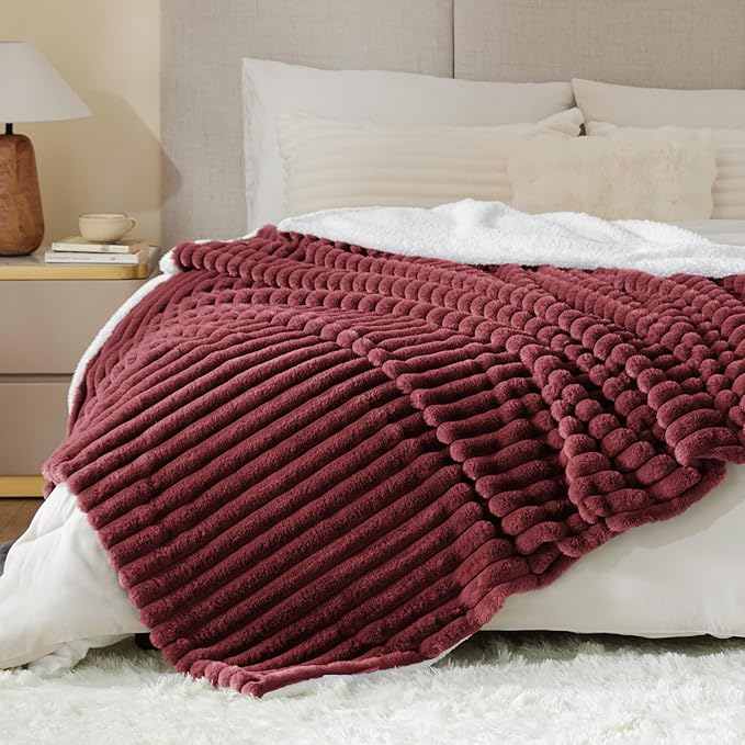 INFIIXSO Sherpa Throw Blanket for Couch - Super Soft & Warm Striped Fleece Blanket, Cozy Plush Fluffy Blanket All Season Use (Burgundy, 60x80 Inches)