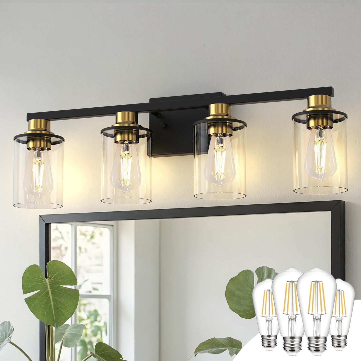 Doresshop Bathroom Light Fixtures  4-Light Black And Gold Bathroom Lighting Fixtures Over Mirror With Glass Shade  Modern Vanity Lights For Hallway Bedroom  Includes Bulbs