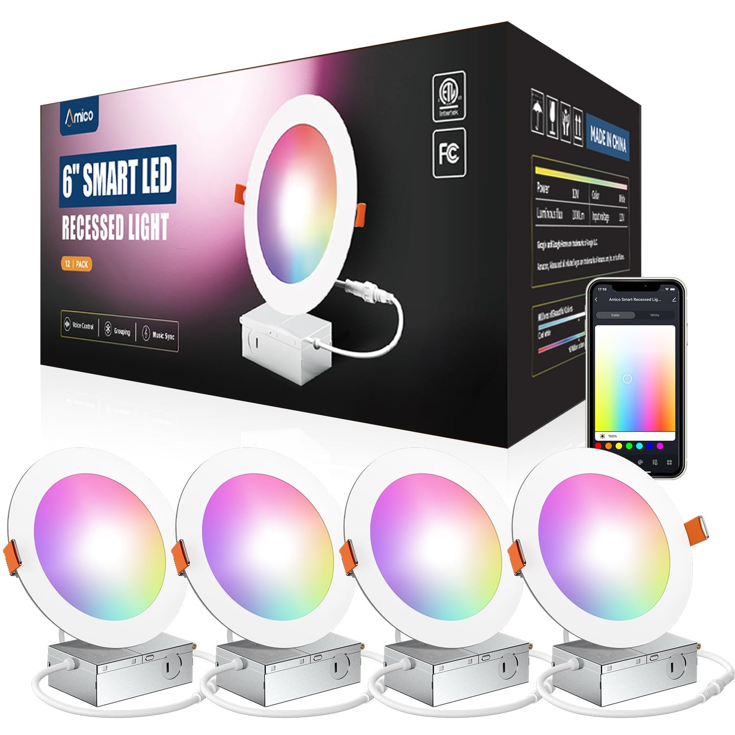 Amico Smart LED Recessed Lighting 6 Inch WiFi Canless Downlight 12W 1000LM RGB Color Changing Model DC08-DR6-12W120-CCT+W