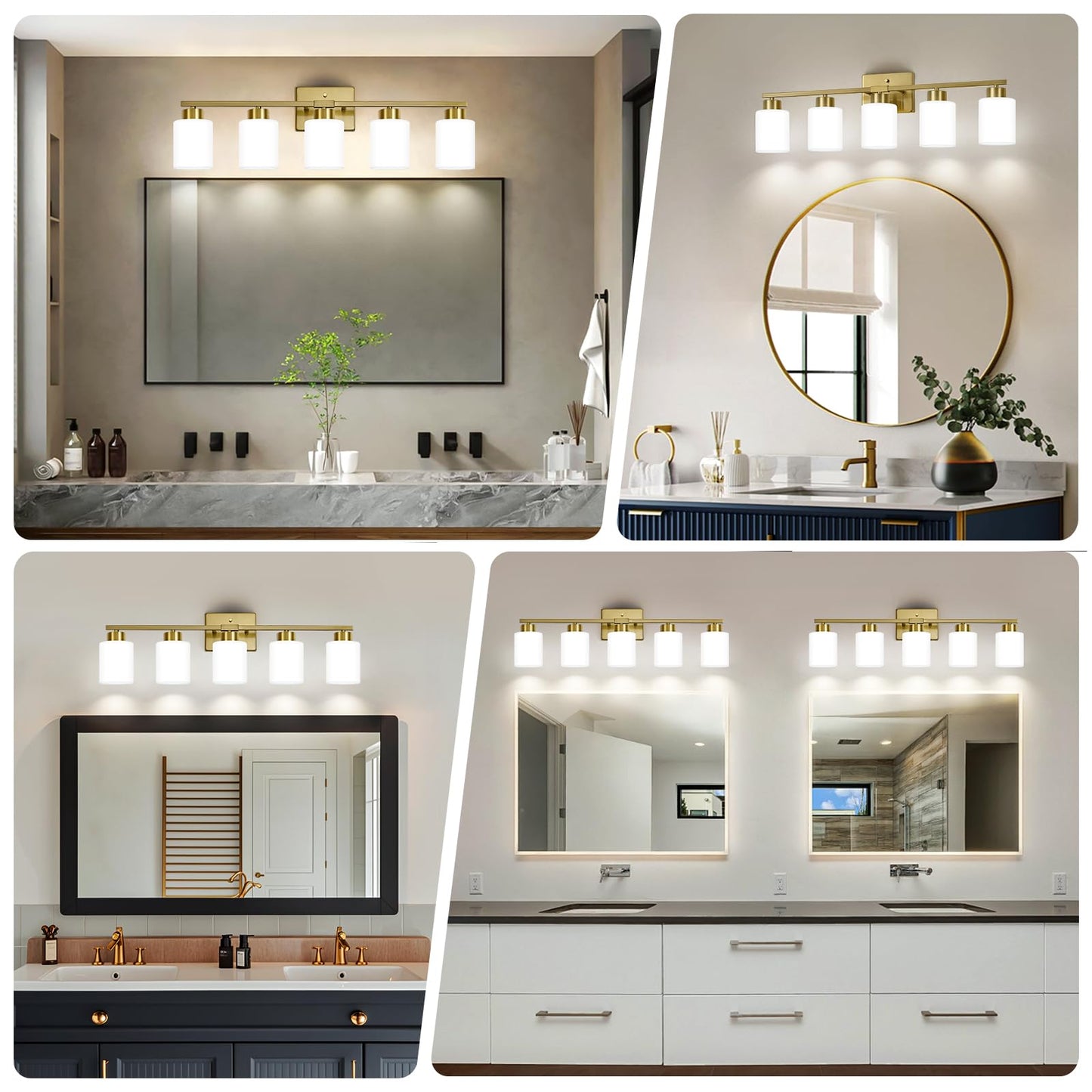 FonmYim 5-Light Bathroom Light Fixture, Brushed Gold Metal Vanity Light with Frosted Glass Shades, Model FY-GB3105-BG5