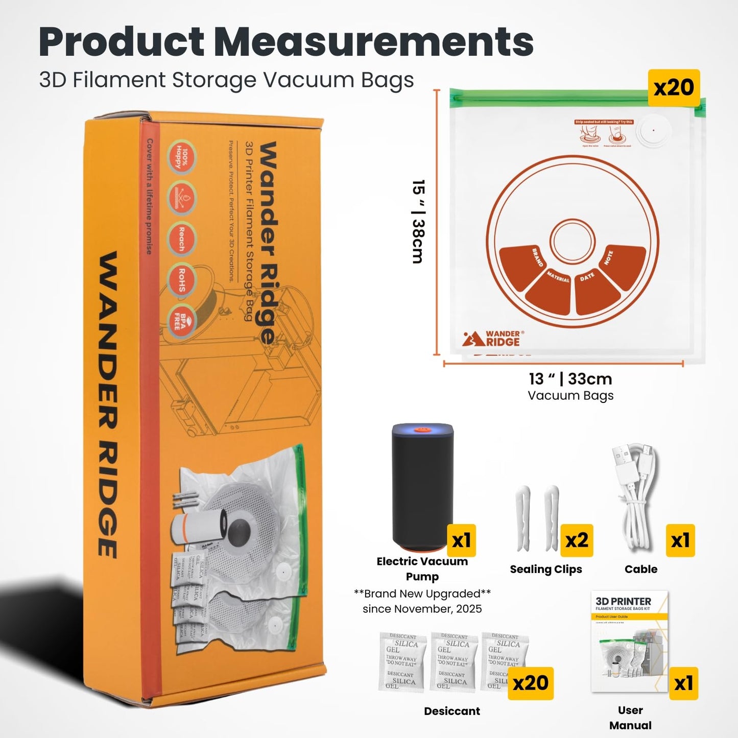3D Printer Filament Storage Bags Vacuum Storage Bags Kit 3D Printer Accessories with 20 Storage Bags (13x15 inches), 20 Desiccants, Auto Pump, 2 Sealing Clips, Dust Proof, Humidity Resistant