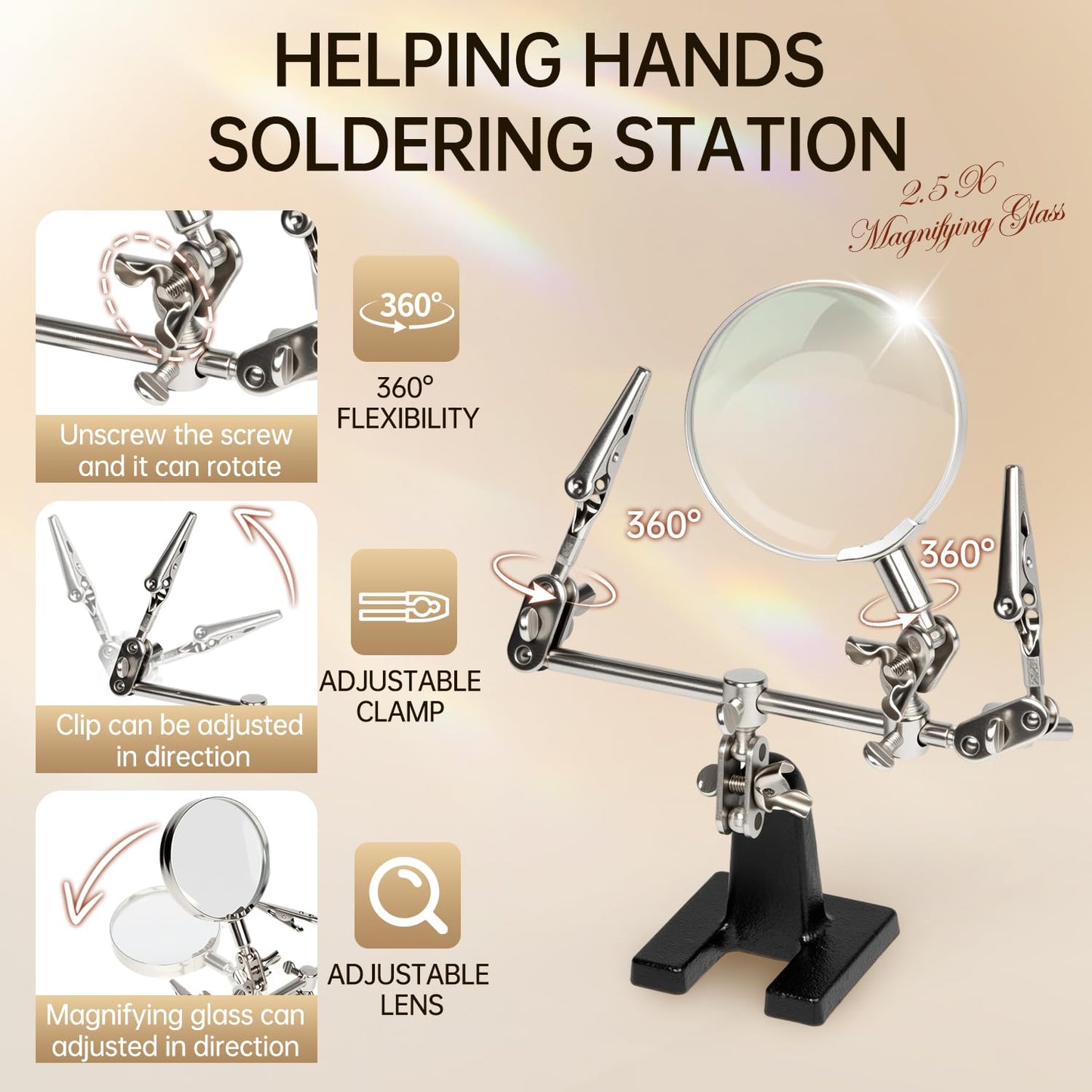 AORAEM Helping Hands Magnifier with Dual Adjustable Alligator Clips in 2.5X Magnifying Glass Soldering Station for Crafting, Hobby, Micro Objects (Not Include Battery)