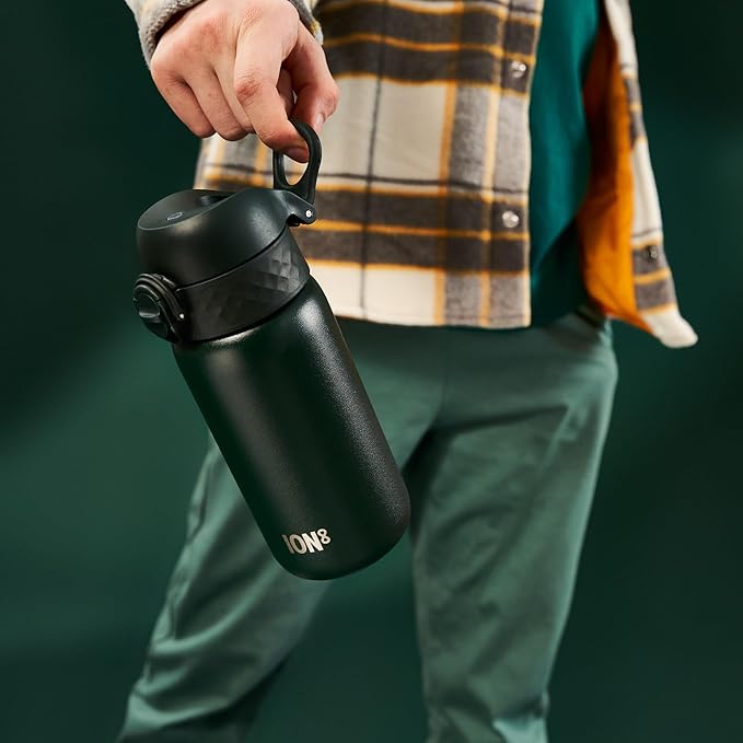 Ion8 Kids Water Bottle, Steel 400 ml/13 oz, Leak Proof, Easy to Open, Secure Lock, Dishwasher Safe, Flip Cover, Carry Handle, Easy Clean, Durable, Scratch Resistant, Carbon Neutral, Dark Green