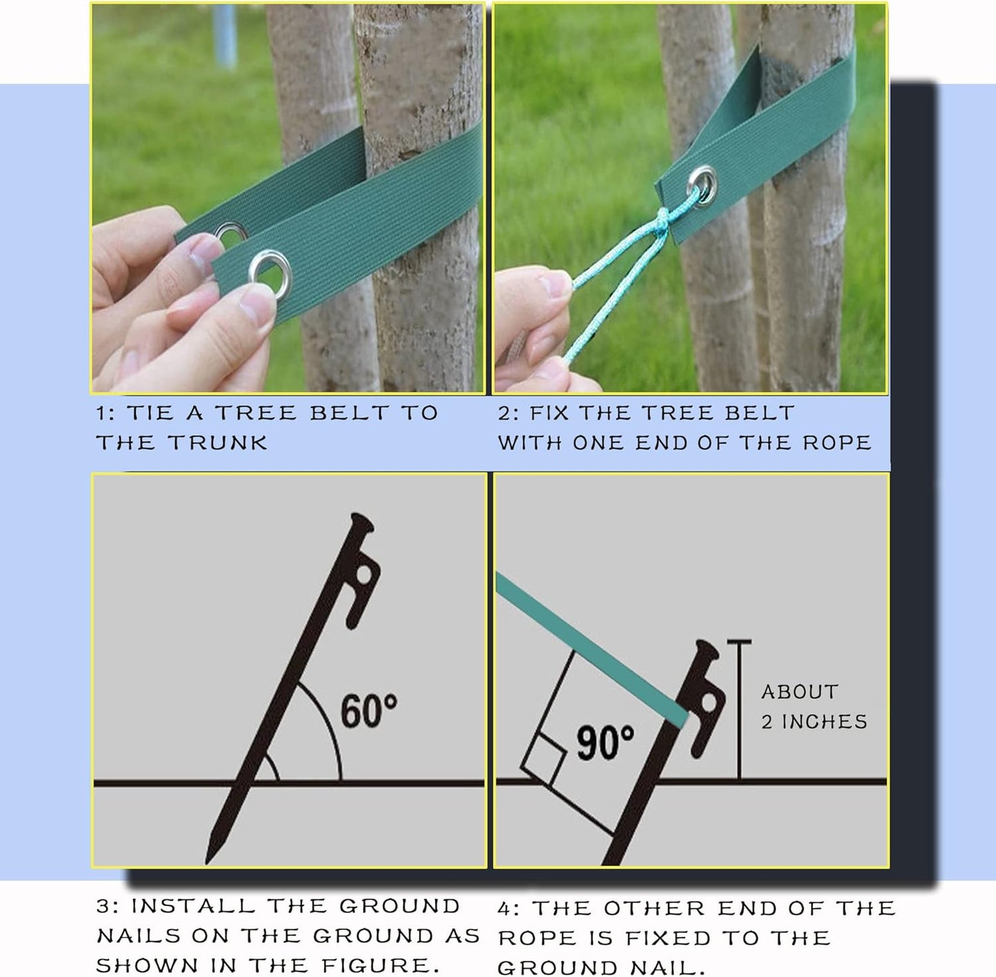Tree Stake Kits, Tree Stakes and Supports Kits for Hurricane Protection & Bad Weather, Include 4 PCS 11.8" Heavy Duty Steel Tree Stakes, 4 PCS 15.8" Tree Straps and 4PCS 16.4FT Rope