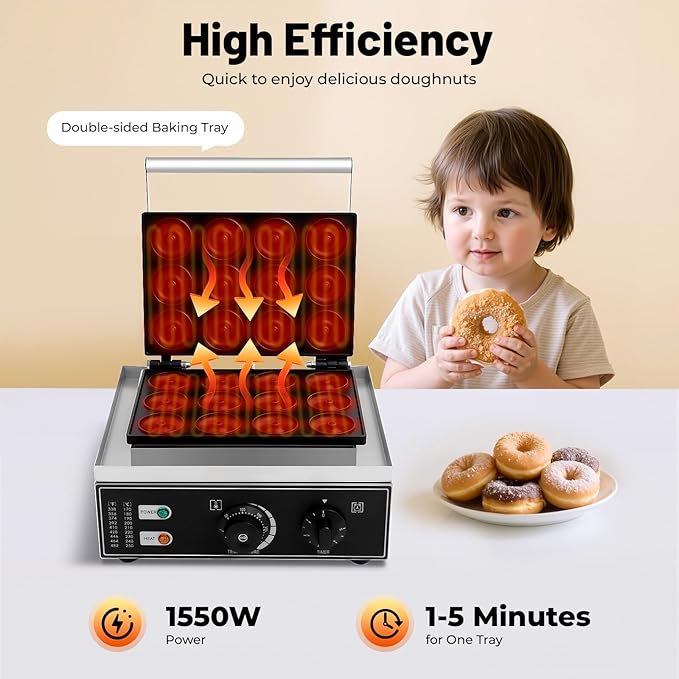 Electric Donut Maker, 12 Hole Double-Sided Heating Waffle Machine Makes, 1550W Commercial Non-stick Donut MakerTeflon-Coating for Restaurant & Home Use Temperature 122-572℉