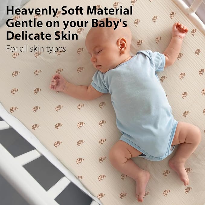 2 Pack Soft Muslin Baby Crib Sheets, 100% Cotton Breathable Double Layer Fitted Sheets for Standard Crib and Toddler Bed Mattresses 28x52 Inches, for Baby Girls and Boys (Brown & Rainbow