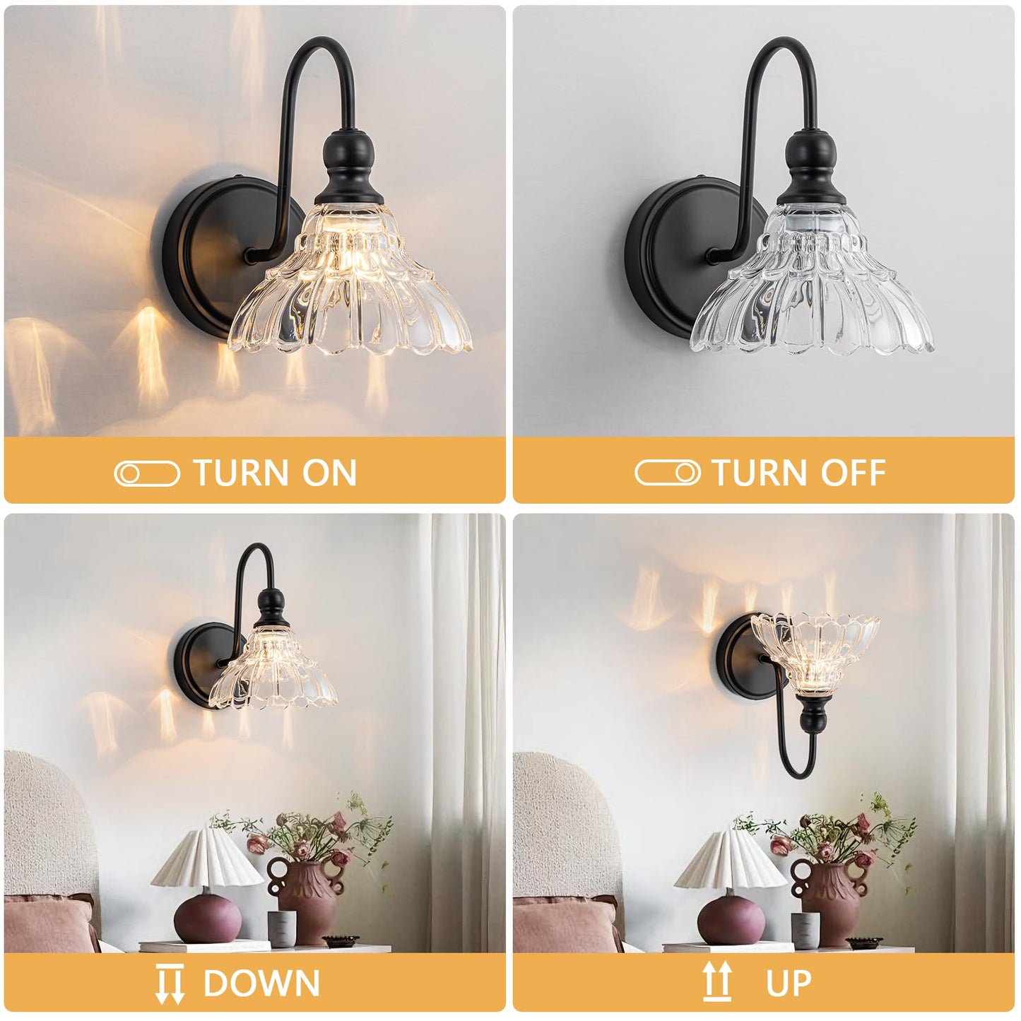 Brknit Vintage Bathroom Light Fixtures Over Mirror  1-Light Black Wall Sconce Lighting With Flower Glass Shade  Farmhouse Vanity Lights For Bedroom Kitchen Living Room Hallway Light