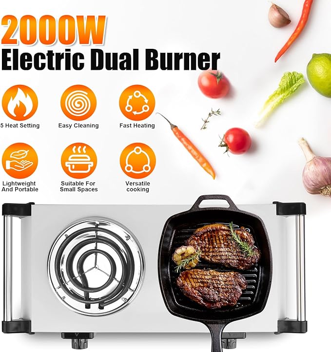 Double Hot Plate, 2000W Portable Countertop Burner & Electric Stove, 5-Level Temp, Portable Handle, Cast Iron Double Burner Cooktop for Home/RV/Camping (White)