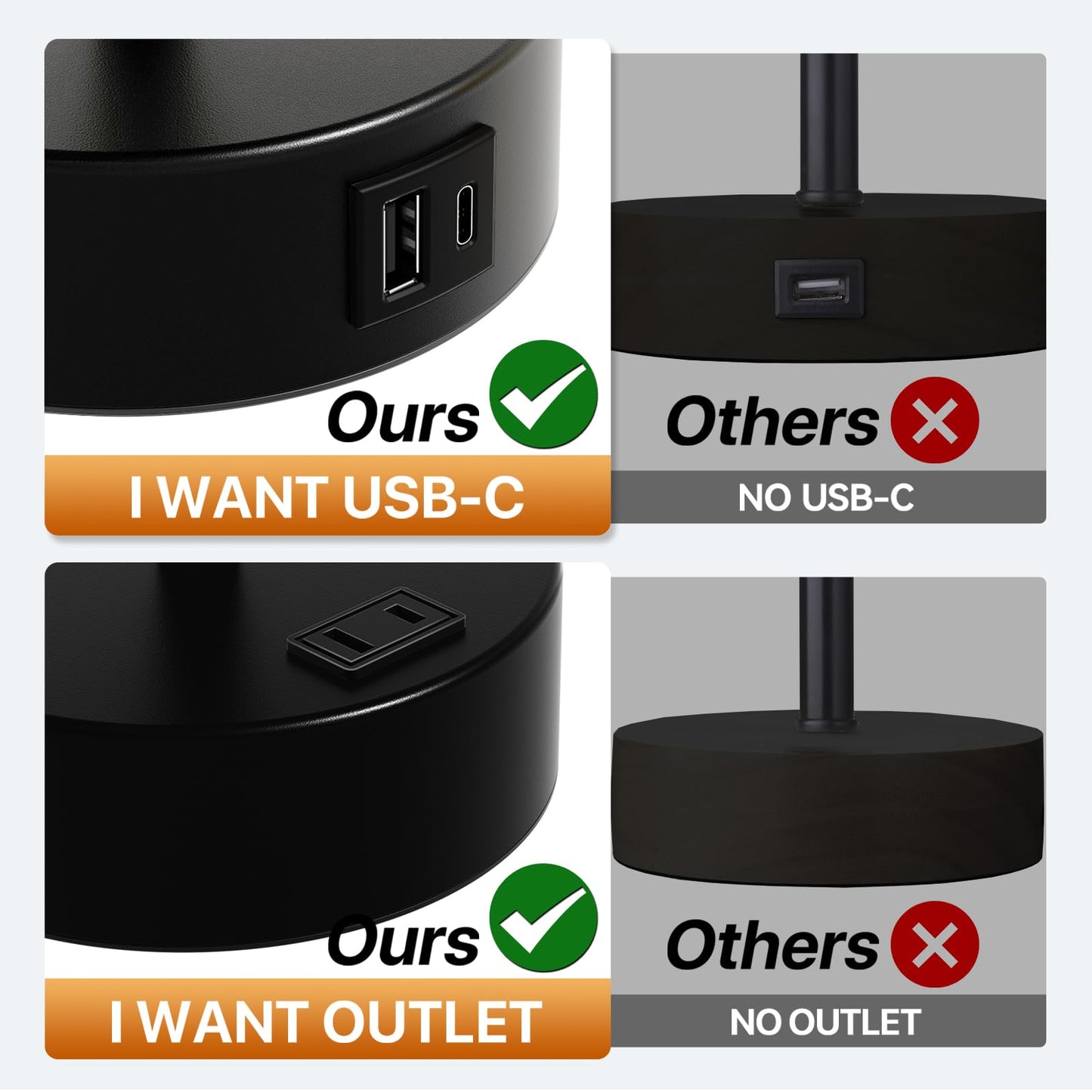 KPQ Touch Control Table Lamp with USB Ports & AC Outlet, 14in Small Size, Black Shade-Black Base, 3-Way Dimmable, Linen Fabric Shade