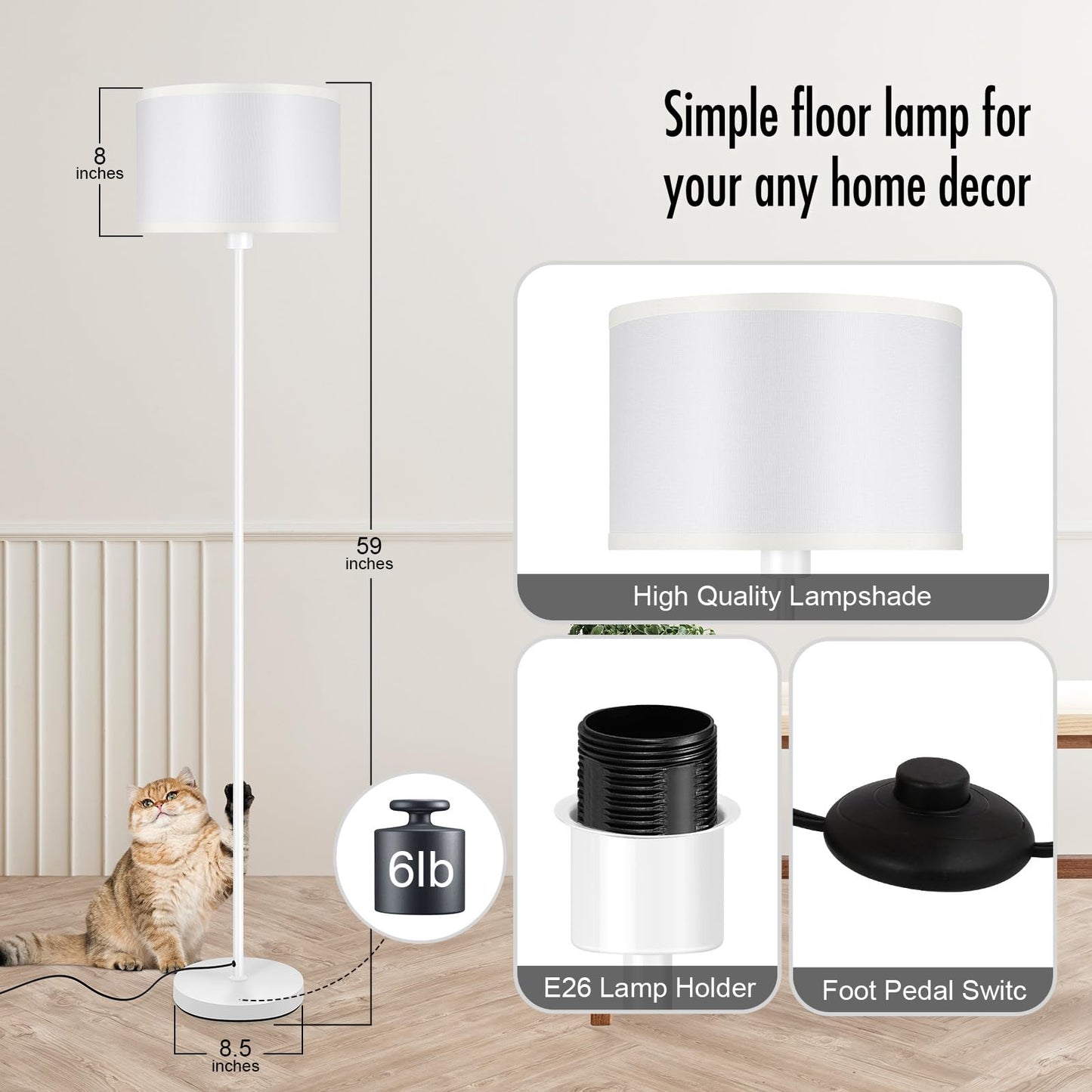 Floor Lamp White  Standing Lamp  58  Tall Floor Lamp With Lampshade  Foot Pedal Switch  Modern Small Floor Lamps For Living Room/Bedroom/Classroom/Kids Room  White Lamp For Girls  Gift(Without Bulb)