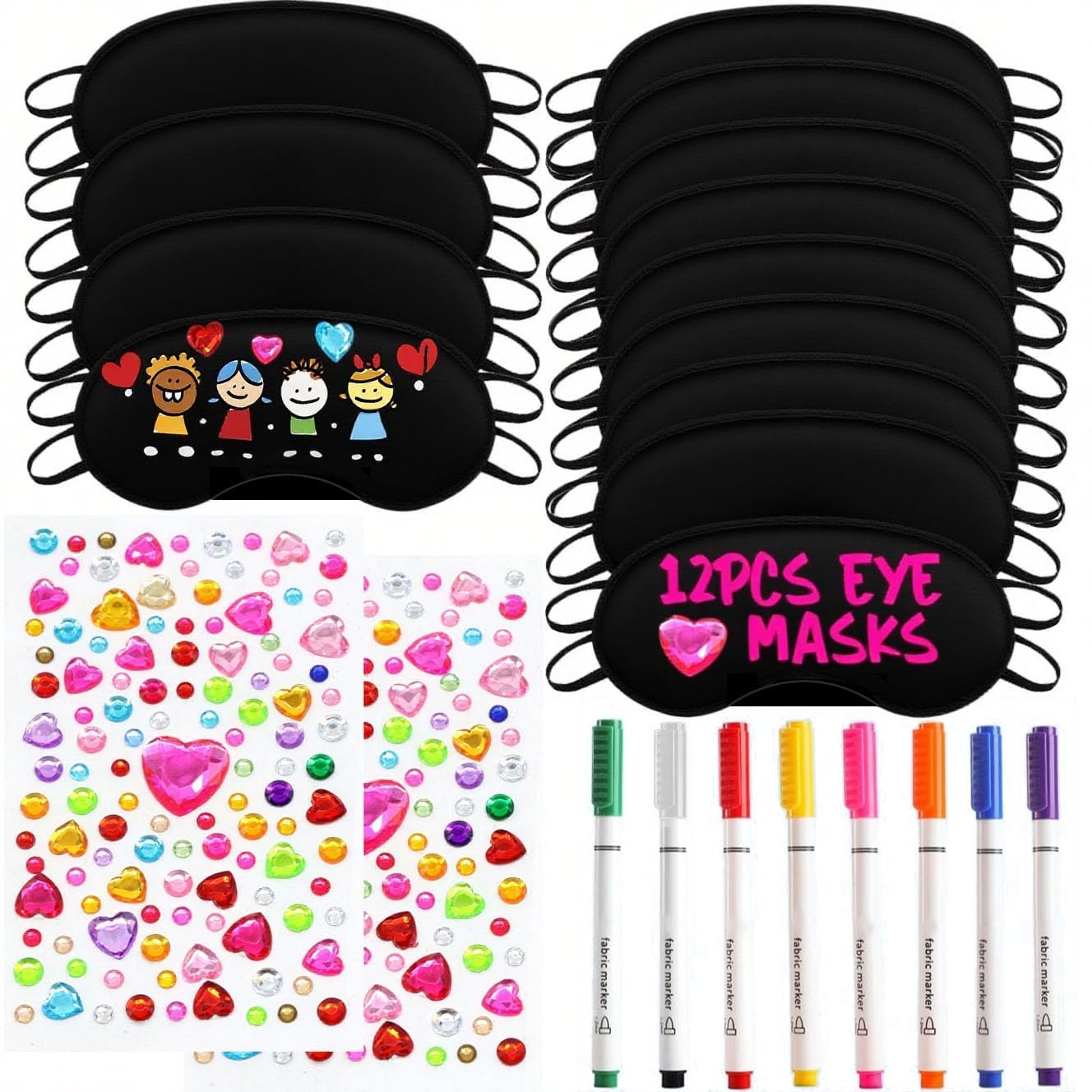 22 PCS Sleepover Party Supplies, 12 PCS Sleep Eye Masks Blindfold Slumber Eye Covering with 2 Sheets Self-Adhesive Heart Rhinestones Gems&8 PCS Fabric Marker Pens, Black