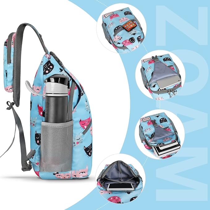 ZOMAKE Sling Bag for Women Men, Small Crossbody Sling Backpack, Mini Water Resistant Shoulder Daypack for Travel, Anti Thief Chest Bag for Hiking, Sports(Cat's Head Light Blue)